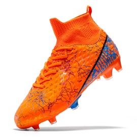 curunect Boys Girls Soccer Cleats Lightweight High-top Training Football Shoes for Youth Non-Slip Kids Soccer Futsal Shoes, Pupillos para Hombre Futbol, Orange/Gold/Sapphire, Big Kid 1