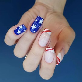 Independence Day Press on Nails Medium Length French Tips Fake Nails with Five-Pointed Star Designs 4th of July False Nails Almond Acrylic Nails Full Cover Artificial Nails Glue on Nails for Girls 24P