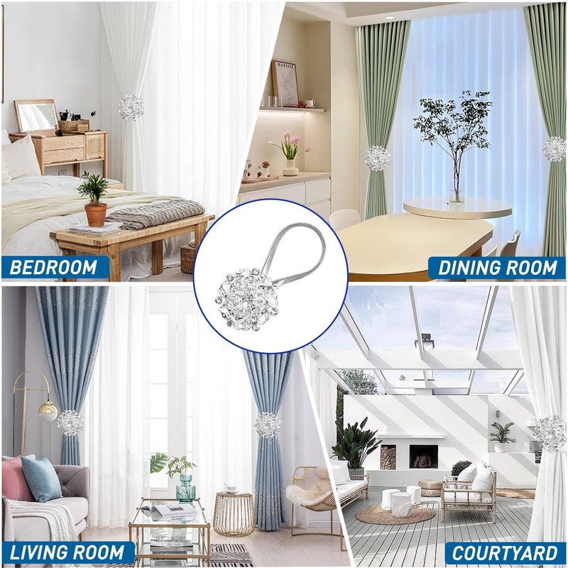 BOCHION Curtain Tie Backs, 4 Pack Sparkling Magnetic Curtain Tiebacks,
