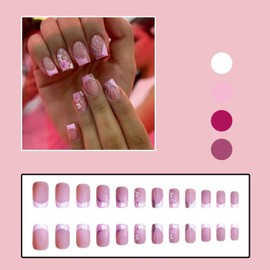 MouyouGlow Press on Nails Short Short Square Pink White French Flowers Floral Glitter Striped Summer Fake Nails with Nail Glue, White Tips Sweet Flowers Wavy Artificial Fingernails
