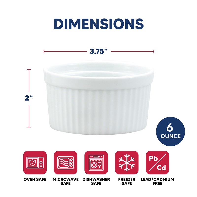 HIC Kitchen Souffle Ramekin Set, Fine Porcelain, 6-Ounce, Set of
