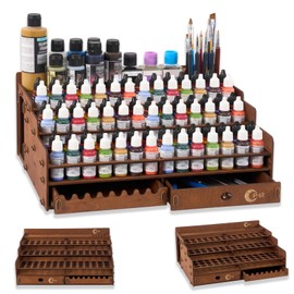 OPHIR Paint Storage, Wooden Paint Organizer with 98 Holes Dia.1.02 Inches, for Miniature Paints Set Storage, Includes Painting Brush Holder with 24 Slots, 1 Drawer, 25 Paintbrush Holes