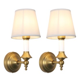 PERMO Wall Sconces Set of 2 Classic Vintage Fabric Wall Sconce with Funnel Linen Shade Brass Wall Sconce Lighting Hardwired Wall Mounted Lamp Fixture for Hallway, Bedroom, Living Room