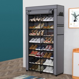 HODYANN 9-Tier Shoe Rack - 36-40 Pairs Organizer with Nonwoven Fabric Cover, Double Row for Closet (Black Rack with Gray Cover)