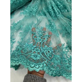 Divastyletextiles Aqua Beaded Lace Fabric by the Yard  Floral Embroidery Scallops Bridal Prom