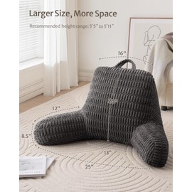 Blissful Diary Reading Pillow, Large Backrest Pillow with Shredded Memory Foam for Adult & Children, Designed for Bed and Couch Sitting Up, Includes Arms, Pockets and Washable Cover, Dark Gray