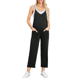 POSHGLAM Women's Maternity Jumpsuits Sleeveless V Neck Adjustable Spaghetti Strap Loose Straight Overalls Stretchy Rompers(Black, Small)