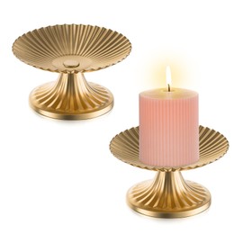 Sziqiqi Pillar Candle Holder Gold - Set of 2 Candle Plate for Wedding Christmas Metal Candle Tray for Table Centerpieces Small Candle Plates for Tealights Home Decor