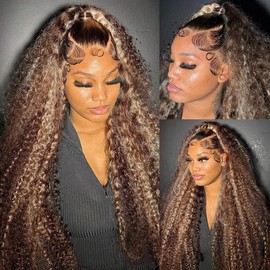 Blonde Curly Wave Bundles Color P4/613 Highlight Dark Brown and Light Blonde Human Hair Bundles Double Weft Brazilian Human Hair Extensions Silky and Soft for Black Women 10 12 14 Inch