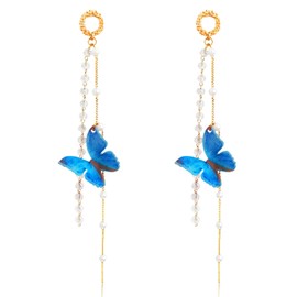 JNONL Elegant Bohemian Long Sparkly Crystal 3D Butterfly Dangle Drop Earrings Cute Fashion Pearl Tassel Butterfly Animal Stud Earrings for Women Statement Wedding Jewelry Gifts (Blue)