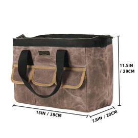 Tool Bag, Durable 16oz Waxed Canvas Wide Mouth Water-Resistant Electrician Tool Bag, Tool Tote with Handle for Tools, Wrenches, Screwdrivers (15 X 7.8 X 11.5 Inch) | Grey