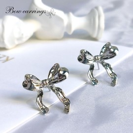 Gold Bow Stud Earrings For Women Teen Girls, Ribbon Studs for Girls, Bow Knot Earrings Elegant Jewelry Gifts for Graduation Anniversary Birthday Gifts (Silver)