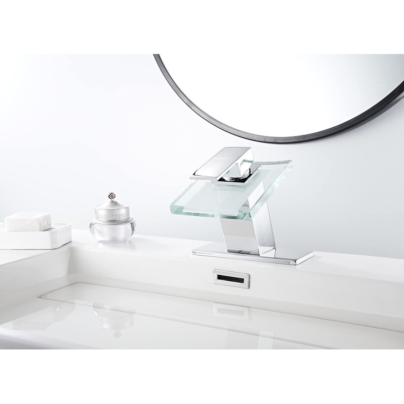 Bathroom Sink Faucet Waterfall Glass Spout LED Light 3 Colors