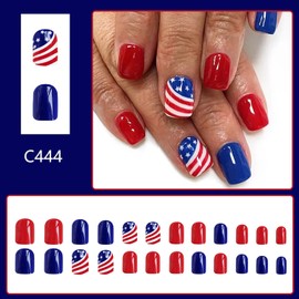 4th of July Press on Nails Short Square Fake Nails Tricolor Full Cover America Flag False Nails with Designs Glossy Glue on Nails Petite Acrylic Nails Manicure Artificial Nails for Women Girls 24Pcs