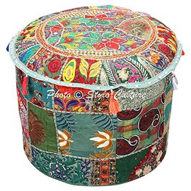 Stylo Culture Pouffe Seat Bean Bag Ottoman Pouffe Cover Dark Green Ethnic Embroidered Patchwork Cotton Traditional Round Fabric Pouf Ottoman Cover (18x18x13 Inch) 45cm