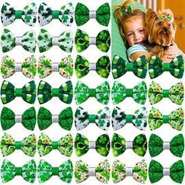 St.Patrick Day Dog Hair Bows with Rubber Bands/Clips Puppy Small Dog Bows Green Clover Patterns Dog Grooming Bows (with Clips)