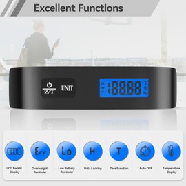 Dr.meter Luggage Scale, Travel Essentials, Digital Backlight LCD Display Handheld Suitcase Scales for Travel Accessories with Rubber Paint, Temperature Sensor 110 Pounds, Battery Included, Black