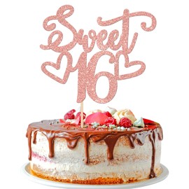 1 decoración para tartas de 16 años, diseño de corazón con purpurina, para decorar tartas de 16 cumpleaños, color oro rosa