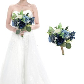 Ramos de dama de honor para boda – Ramos de flores artificiales de 7 pulgadas para decoración de centros de mesa de ceremonia, aniversario, azul marino y blanco
