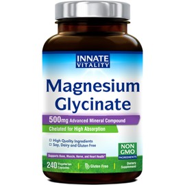 Innate Vitality Innate Vitality Magnesium Glycinate 500mg | 70mg Elemental Magnesium Supplement- High Absorption, Non Buffered, Non-GMO & No Gluten - Nerve, Muscle, Bone & Heart Health - 240 Caps, 8 Month Supply