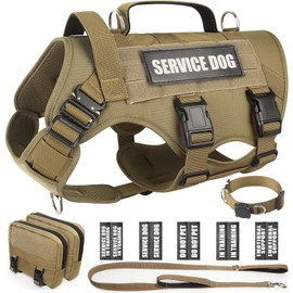 WINSEE Tactical Dog Harness with Dog Leash, Dog Collar, Service Working MOLLE Vest with 10 Pet Patches for Large Dog, No Pull Military Harness and Backpack with Airtag Holdler