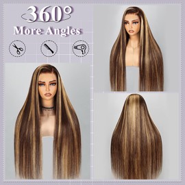 KEUET 13x6 Ombre Lace Front Wig Human Hair 200 Density 18 Inch Balayage Highlight HD Lace Frontal Wigs Human Hair Pre Plucked 4/27 Brown and Honey Blonde Closure Wig Glueless for Women