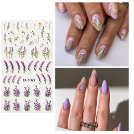 YOSOMMK Flower Nail Stickers for Nail Art 5D Embossed Nail Decals Self Adhesive Spring Summer Lavender Nail Decoration for Women 3D Nail Design Purple Blue Pink Flower Nail Supplies