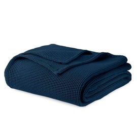 100% Organic Cotton Blanket - Soft Breathable Cotton Waffle Blanket King Size for All Seasons - Luxury 320GSM Cozy Warm Lightweight 100% Cotton Blanket Fairtrade Certified (108x90, Navy)