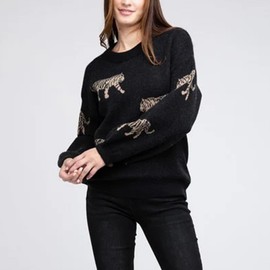 Women Y2k Sweaters Vintage Tiger Print Long Sleeve Pullover Sweater Fall Knitwear Streetwear (Black Tiger Print, L)