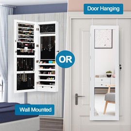 Giantex Jewelry Armoire Cabinet Wall Mounted Door Hanging, Lockable Jewelry Cabinet with Full Length Mirror, 15 LED Lights, Large Storage Jewelry Box Organizers with 2 Drawers (14.5"W x 4"D x 47.5"H)