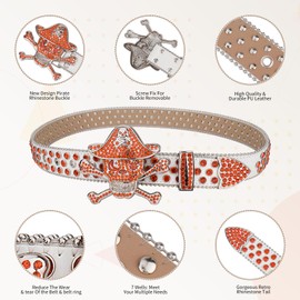 TINIDI Men Women Rhinestone Belt Western Cowboy Cowgirl Bling Pirate Skull Crystal Diamond Studded Leather Belt(WhiteOrange,Fit Waist 33-39inch)
