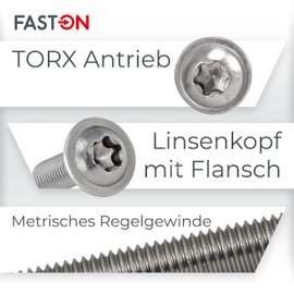 Rounded Head Screws with Flange and Hexalobular Socket M6 x 45 Stainless Steel (Pack of 20) FASTON