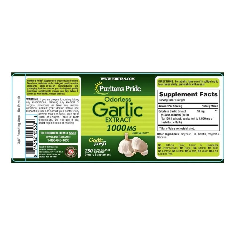 Aceite de extracto de ajo inodoro, 1000 mg, Puritans, 250