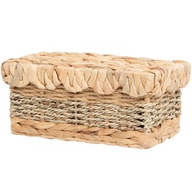VinneGenzz Wicker Storage Baskets with Lids Natural Handmade Scalloped Rattan Box Decorative Bohemian Removable Tray Lid Handles Water Hyacinth Seagrass Paper Rope Woven Bins Container (Small)