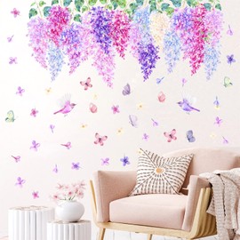 Hanging Flower Wall Stickers Purple Flower Vine Wall Decals Colorful Summer Flowers Wall Stickers Bird Floral Blossom Garden Floral Wall Decals for Girls Bedroom Nursery Decor