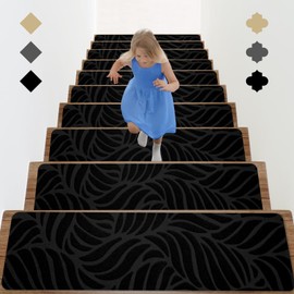 Arttown 15pcs 30" x 8" Non Slip Stair Treads for Indoor Wooden Steps Anti Slip Carpet Stair Runner with Adhesive Backing Peel and Stick Staircase Step Treads for Kids,Elderly and Pets Black Leaves