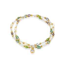 Dainty Double Stretch Stacking Colorful Bead Crystal Gemstone with CZ Pendant Statement Bracelet for Women by SNGIA, Multi Color Green Brown Purple White Natural Stone Healing Quartz Trendy Birthstone Bohemian Preppy Retro Bold Handmade Exaggerated Jewel