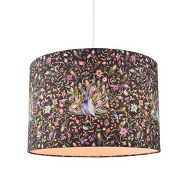 Designer Chic Purple Peacock and Multi Coloured Feather and Floral Cotton Fabric Drum Lamp Shade | 30cm x 20cm by Happy Homewares