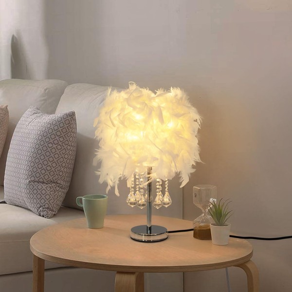DYNAMI Creative Feather Table Lamps,White Feather Lamp Bedroom Table Lamps