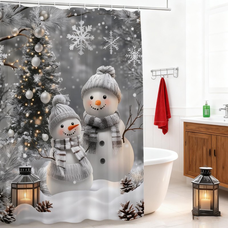 JONSEQIN Merry Christmas Snowman Shower Curtain, Grey, 70x70 inch