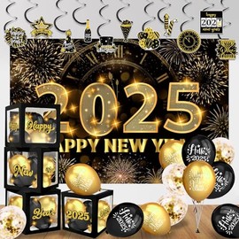 New Years Decorations 2025, Happy New Year Decorations Includes 2025 Happy New Year Banner Boxes Balloons, 2025 New Year Decorations Party Supplies