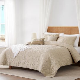 WDCOZY Coastal Beach Oversized King Size Quilt Bedding Sets, Beige California Cal King Nautical Tropical Ocean Bedspread, Scallop Seashell Lightweight Summer Soft Coverlet