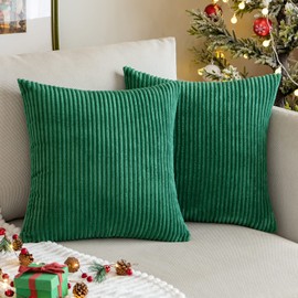 MIULEE Pack of 2, Corduroy Soft Soild Christmas Decorative Square Throw Pillow Covers Set Christmas Cushion Cases Pillowcases for Sofa Bedroom Couch 20 x 20 Inch, Dark Green