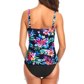 Holipick Colorful Floral Two Piece Underwire Tankini Swimsuits for Women Tummy Control Tankini Top Bandeau Bathing Suits with Bottom M