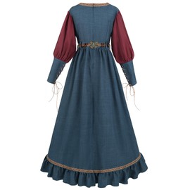 FCCAM Renaissance Costume Women Long Sleeve Peasant Medieval Dress Ruffle Maxi Dress with Sash Belt M