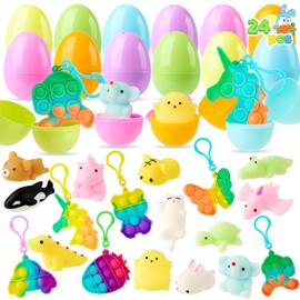 JOYIN - 24 huevos de Pascua precargados con juguetes surtidos, rellenos con mochi y llaveros de burbujas pop, huevos rellenos de Pascua para niños a la caza de huevos, cesta de Pascua para niños,