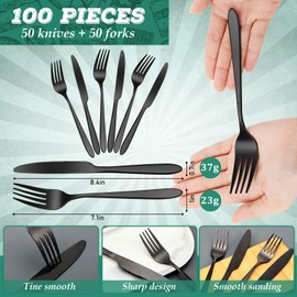 Nuenen 100 Pcs Stainless Steel Forks Dinnerware Set, Dinner Forks and Dinner Knives Flatware Set Tableware Cutlery Set for Butter Kitchen Restaurant Hotel Home, Dishwasher Safe (Black,9.06", 8.07")