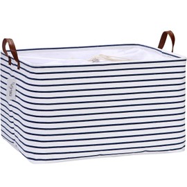 Hinwo 70L Extra Large Storage Bins, Closet Organizers and Storage, Foldable Clothes Storage Baskets with Handles, Containers for Clothing, Blanket, Comforters, Toys, Bedding (Navy Stripe)