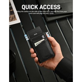 Mrain Men's Slim Premium Leather Wallet Pop Up Card Holder RFID Blocking Metal Wallet with Push Button Minimalist Design for Credit Card Holder Magnetic Closure (Black)