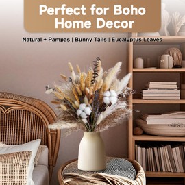 Pampas Grass Boho Home Decor 80PCS 17 inch Natural Dried Flowers for Vase Eucalyptus Stems Pompas Dried Flowers Bouquet DIY Arrangements Boho Wedding Bedroom Tables Rustic Decoration